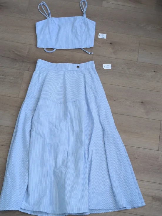 Light Blue Striped Maxi Skirt & Top- Classic A-Line Summer Style - Picture 1 of 8